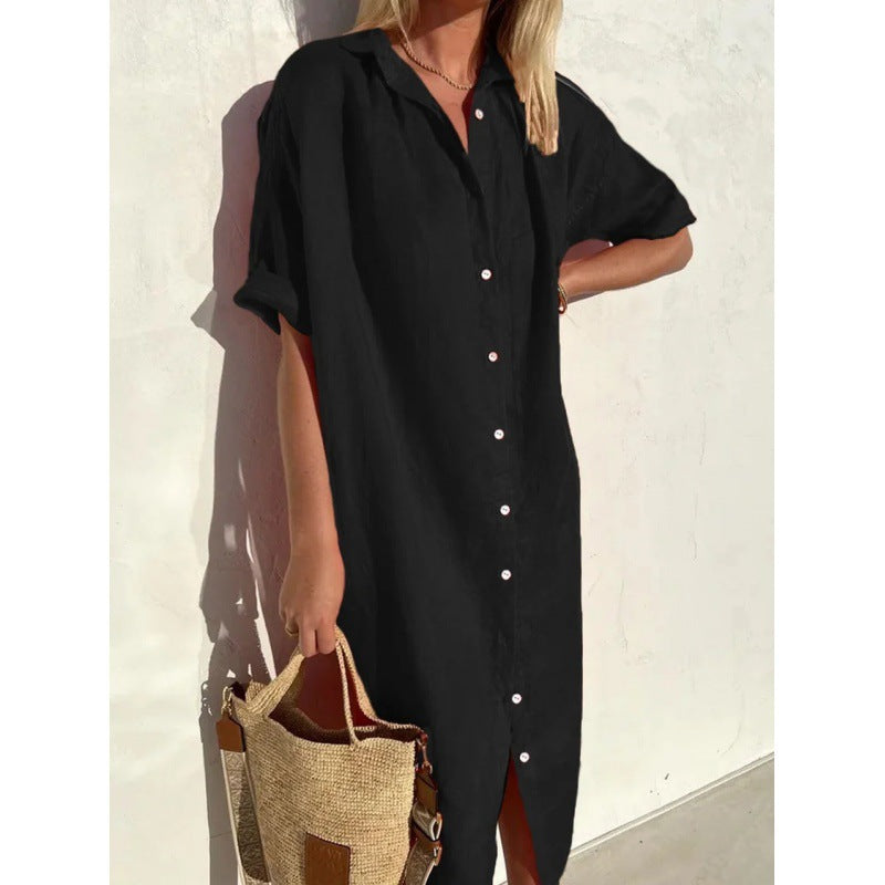 Robe décontractée en coton et lin à manches courtes pour femme avec poche et revers