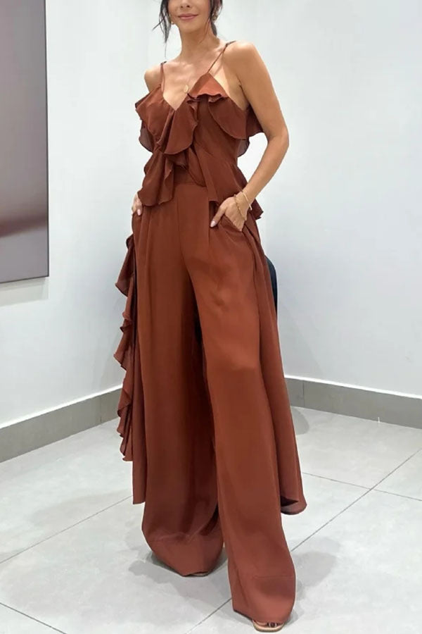 Conjunto de dos piezas de top y pantalón con volantes de gasa de color liso para mujer de verano