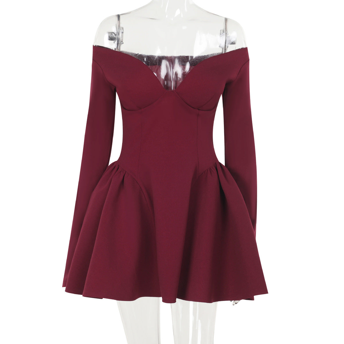 Women Elegant Solid Color Waist Long Sleeve Dress