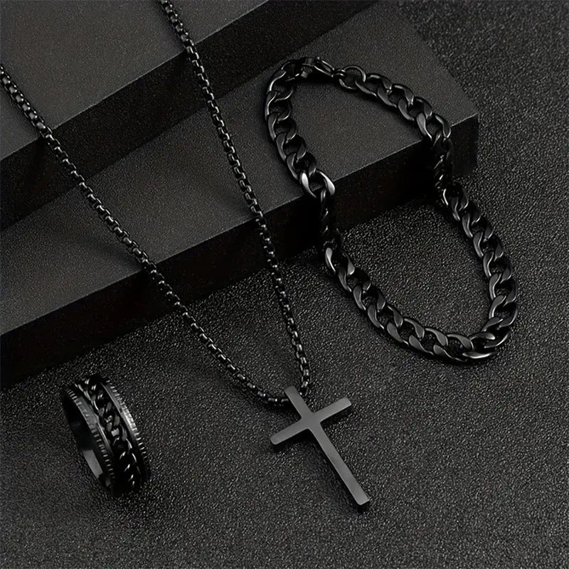 Conjunto de collar, pulsera y anillo con cruz de hip hop de moda