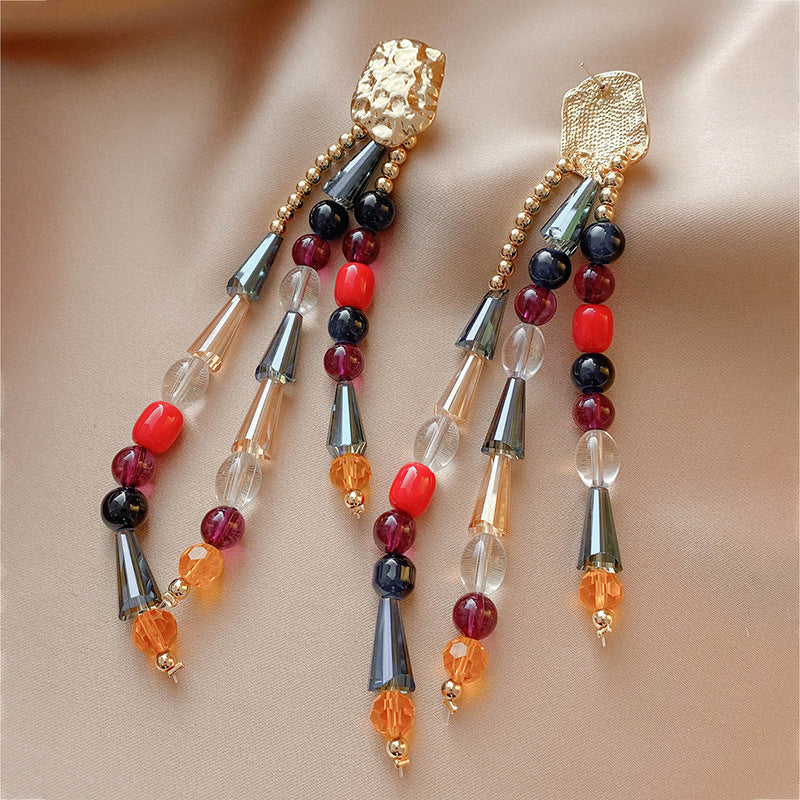 Pendientes bohemios con borlas de diamantes de imitación multicolor