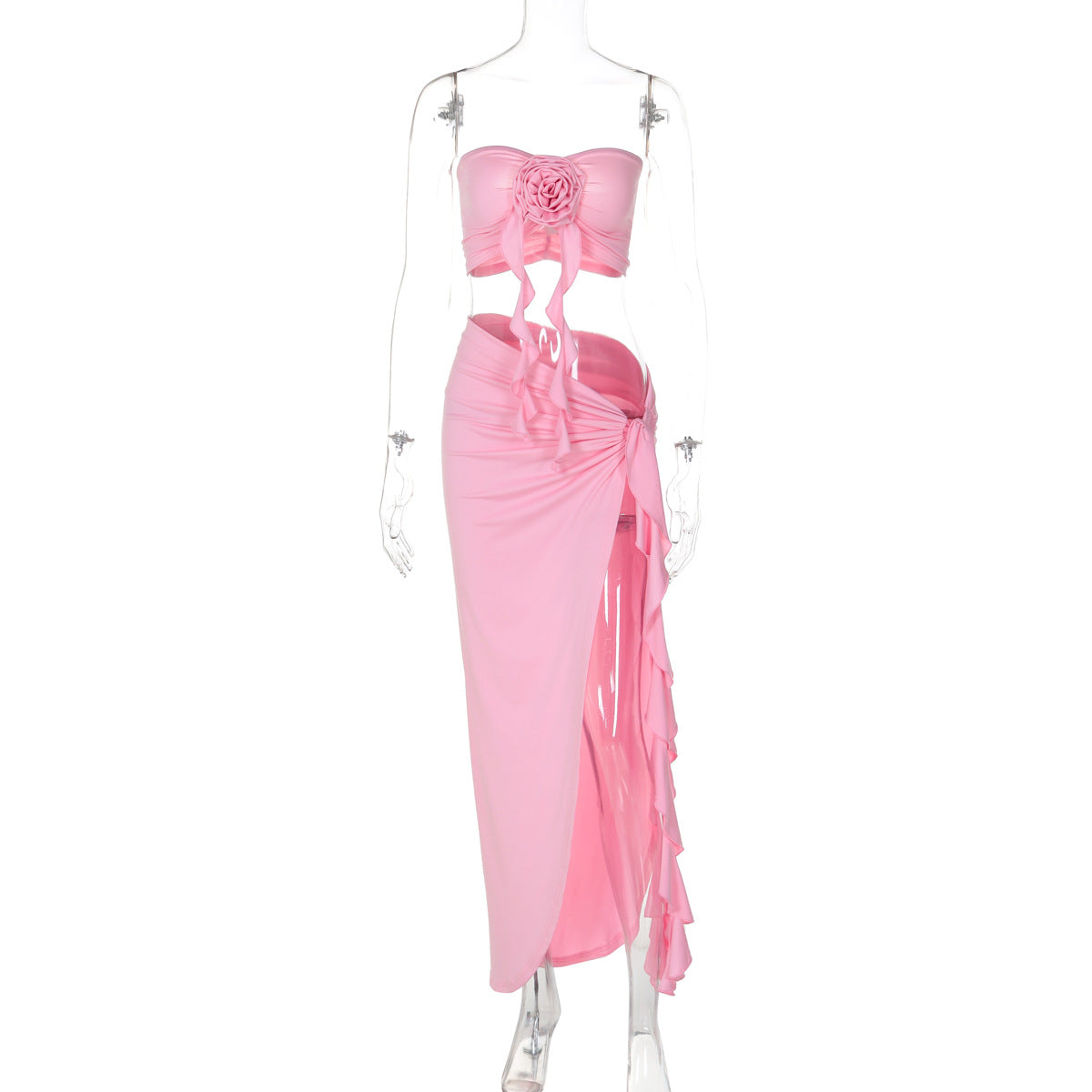 Ensemble haut tube plissé et jupe fendue à lacets pour femme, couleur unie