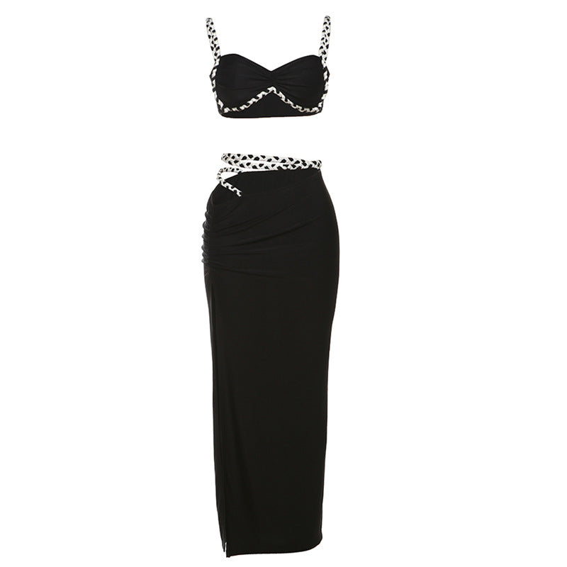 Women Fashion Sexy Contrast Color Camisole Slim Fit Split Skirt Set