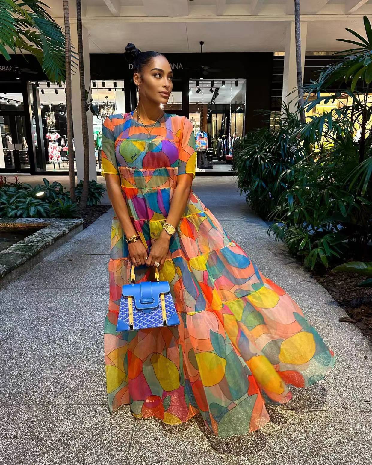 Summer Vacation Women Boho Mesh Leaf Floral Print Maxi Dress