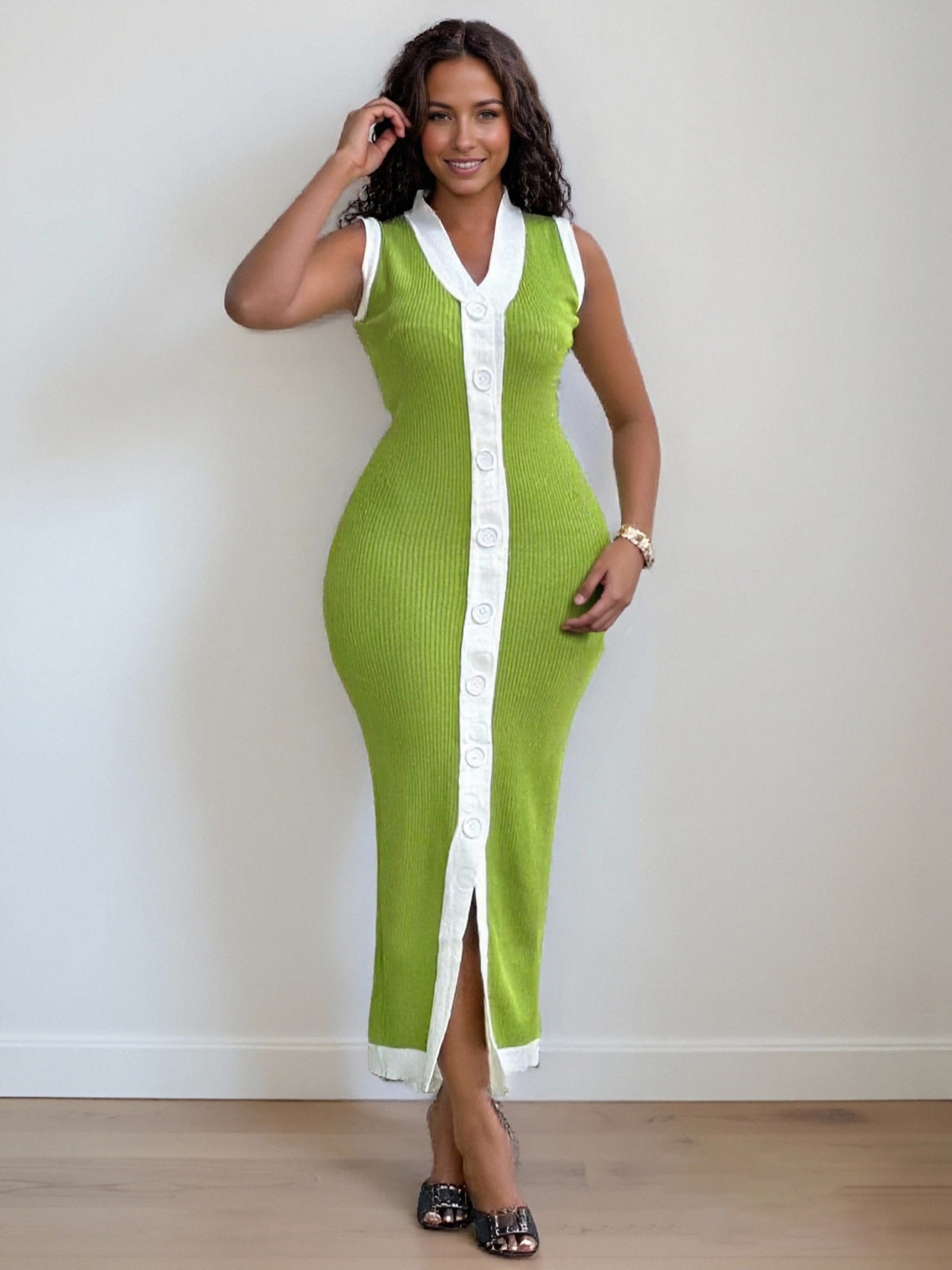 Women Fashion Casual Contrast Color Knitted V-Neck Dress
