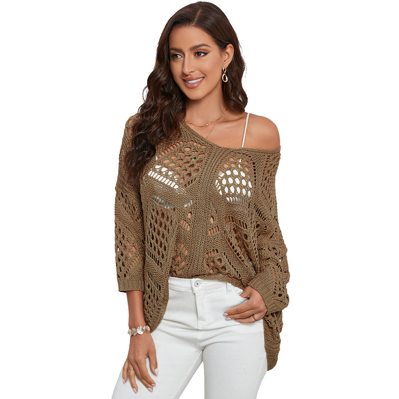 Top de punto informal de manga larga con cuello en V para mujer