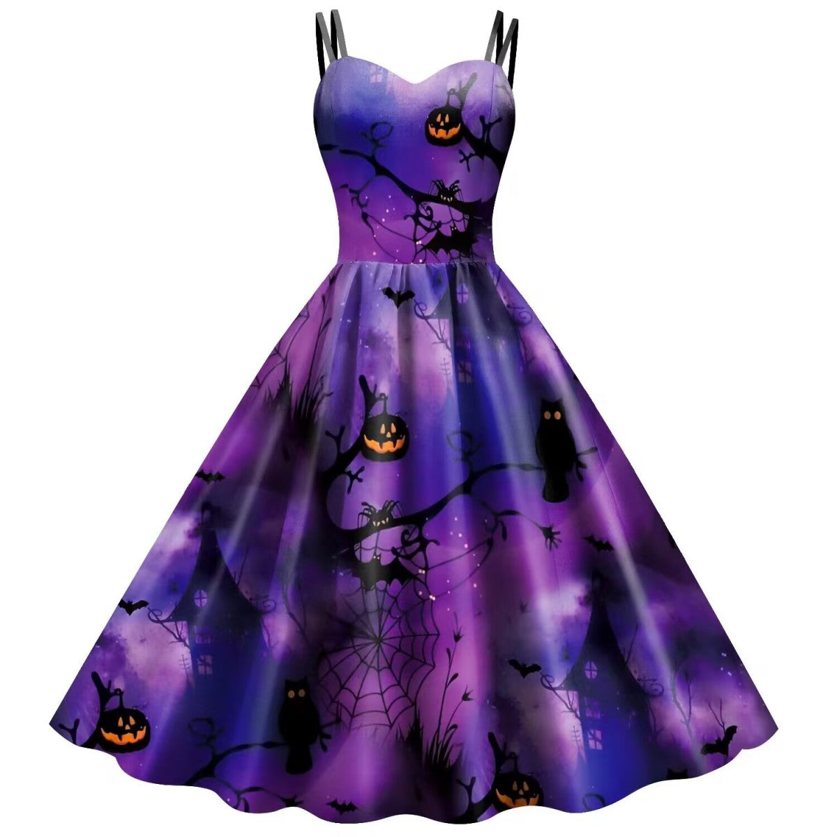 Halloween Women Fashion Vintage Skull Dress With Web Print
