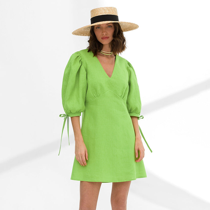 Robe décontractée en coton et lin de couleur unie pour femme