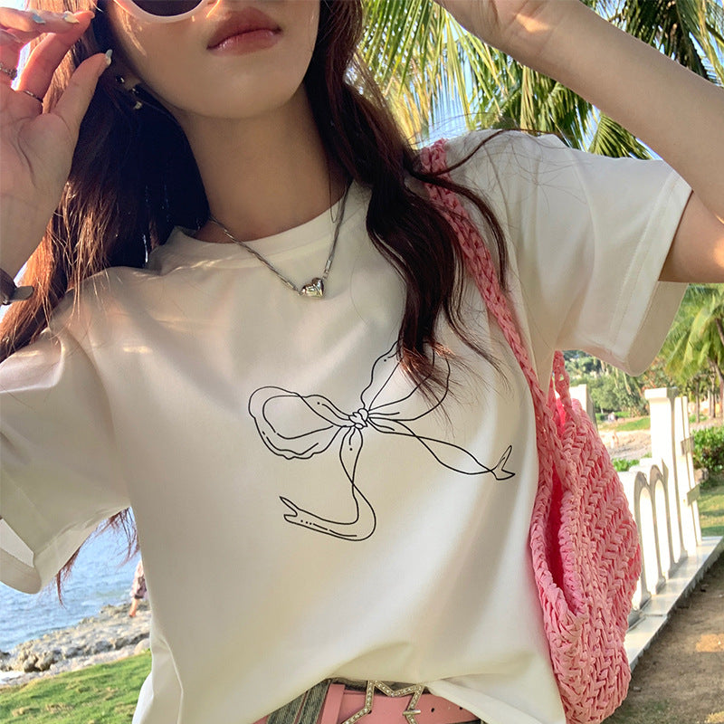 Women’s Casual Bowknot Printed Short-Sleeve T-Shirt