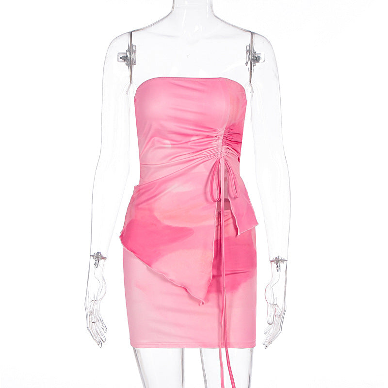Conjunto de dos piezas con top de tubo plisado y falda ajustada con estampado sexy para mujer