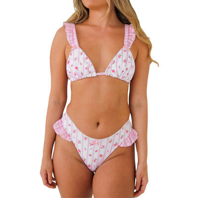 Maillot de bain bikini sexy en dentelle à volants et imprimé floral pour femme