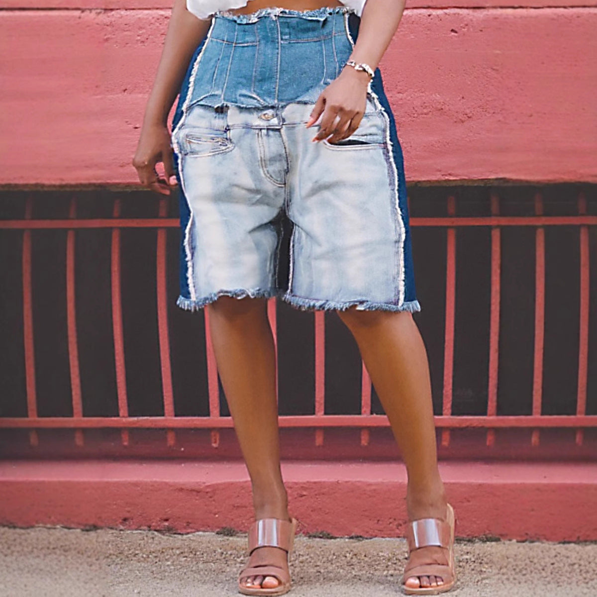 Short en jean taille haute décontracté pour femme avec coutures