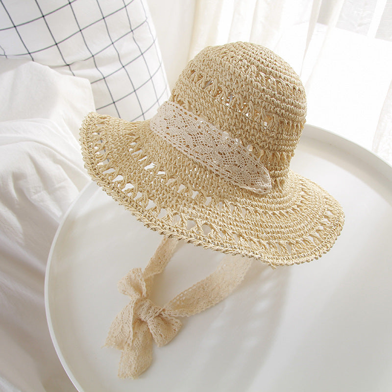 Chapeau de protection solaire en paille tissée à lanières en dentelle pour femme
