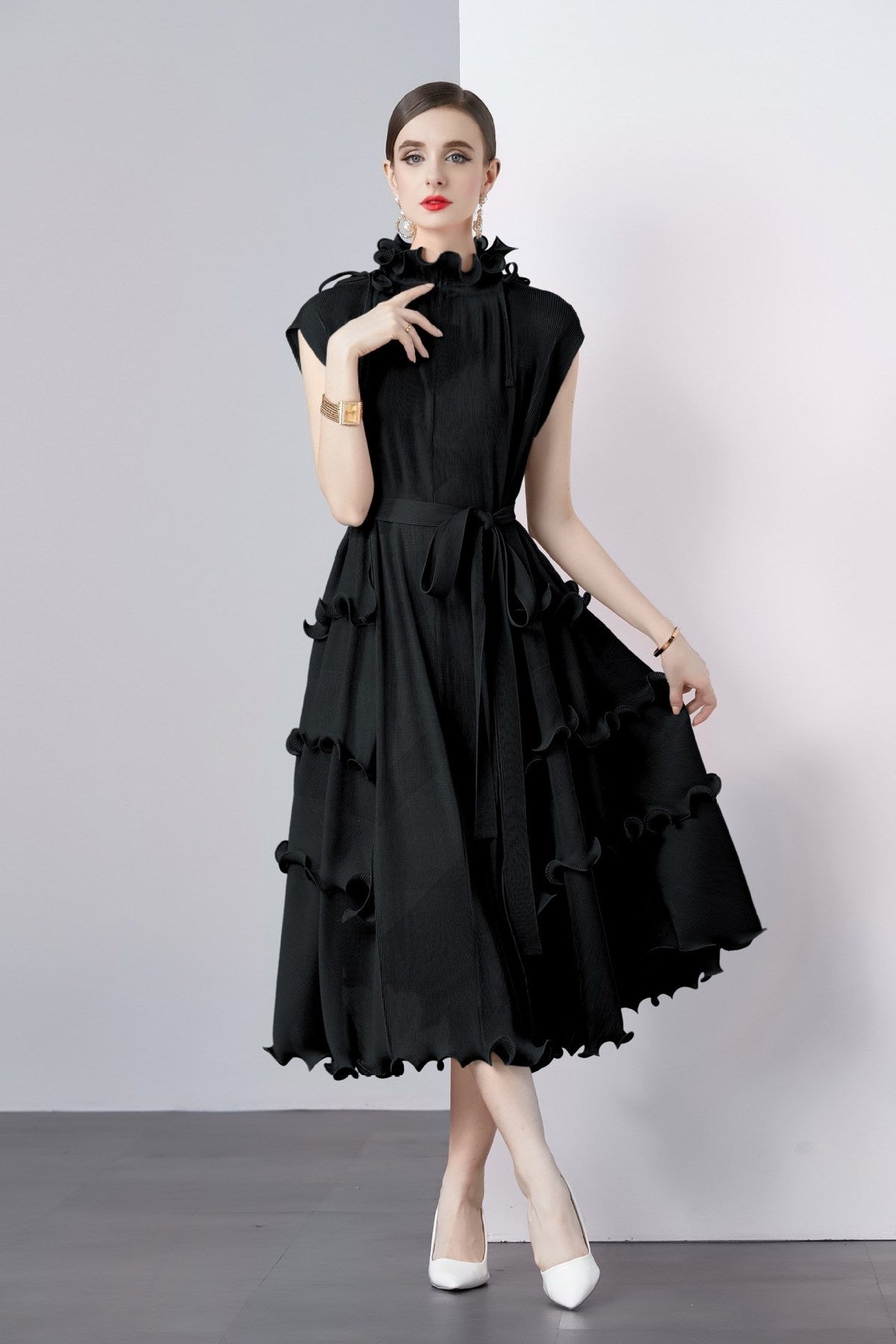 Women Solid Color Pleated Chiffon Dress