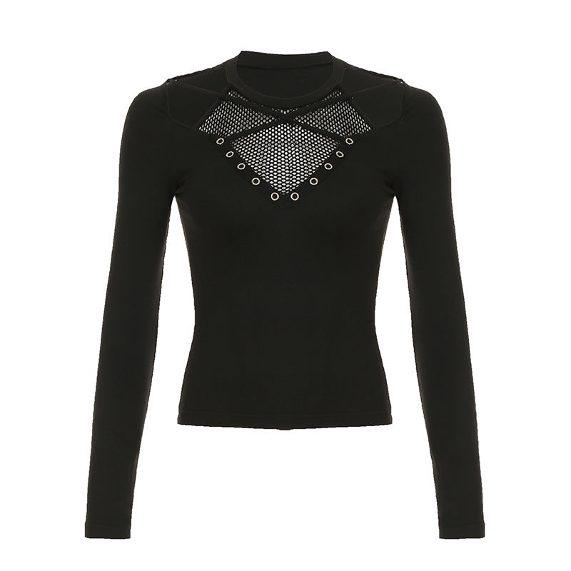 T-shirt gothique à manches longues et coutures en maille pour fille sexy