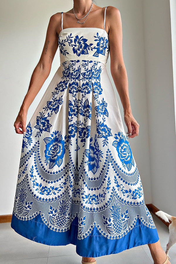 Vestido largo bohemio con tirantes y estampado informal para mujer en azul