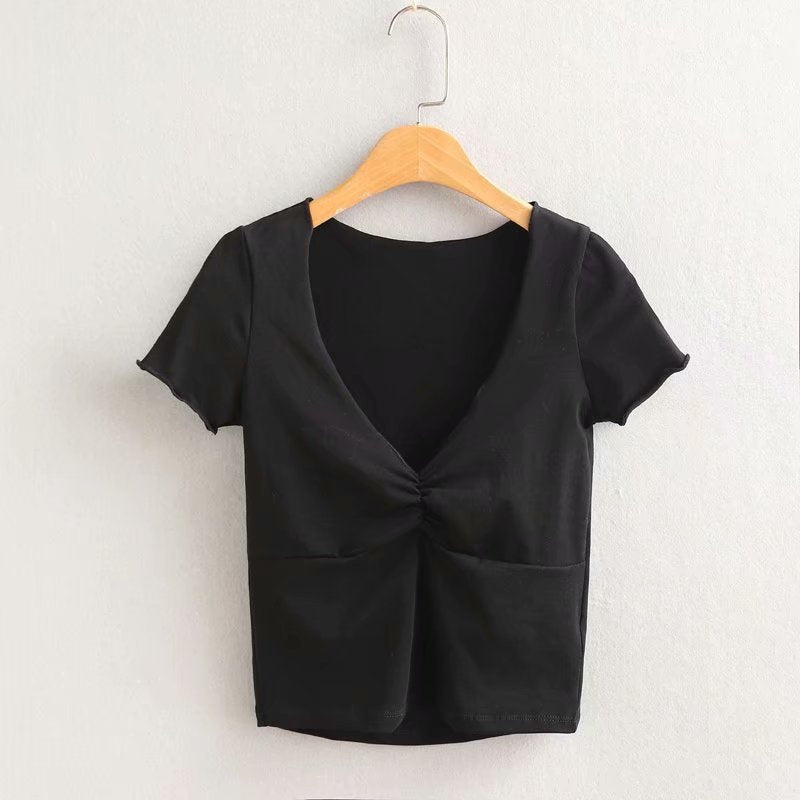 Summer Women Fashion Sexy V-Neck Solid Color Blank T-Shirt