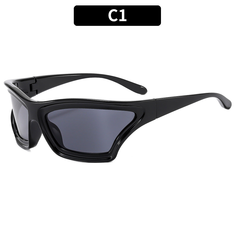 Gafas de sol creativas de moda con montura irregular, lentes acrílicas y montura de PC.
