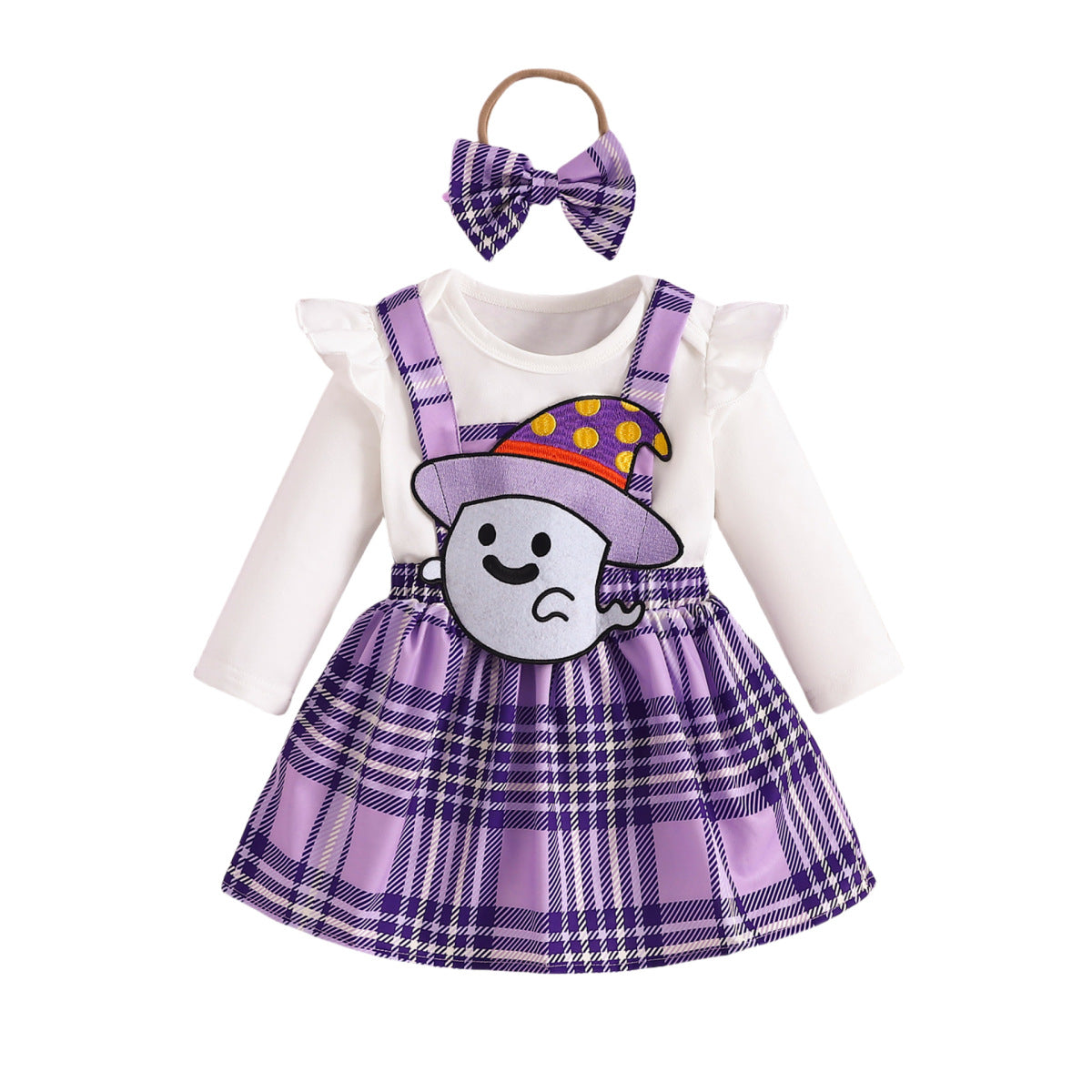 Conjunto de mameluco informal con bordado de fantasmas para niñas pequeñas