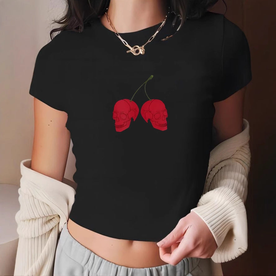 Y2K Street Skull Cherry Short Sleeve Crop Top Tee