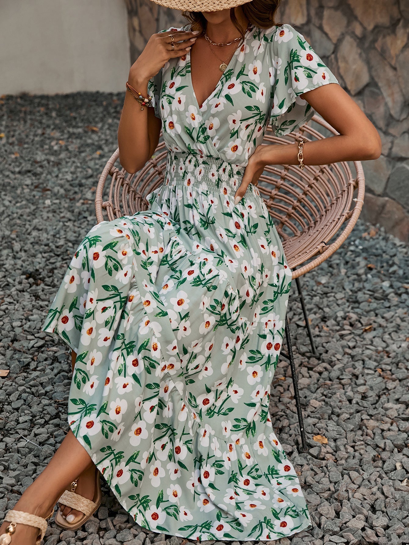 Bohemian Style Vacation Women Casual V-Neck Short Sleeve Maxi Dress