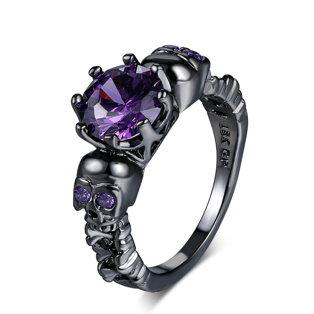 Anillo unisex de calavera de cobre con circonita morada para Halloween