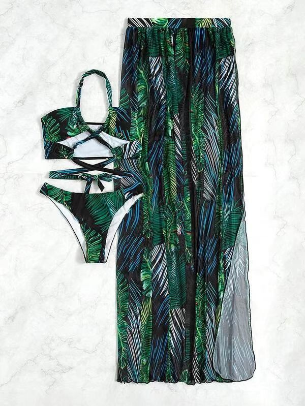 Conjunto de bikini de tres piezas con estampado de moda para mujer