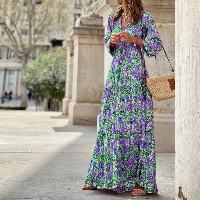 Vestido elegante de manga larga con cuello en V y estampado bohemio para mujer