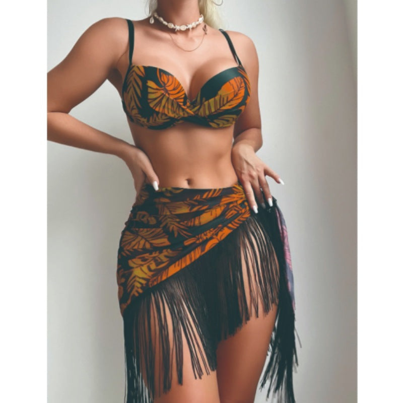 Traje de baño sexy con borlas para mujer, conjunto de tres piezas