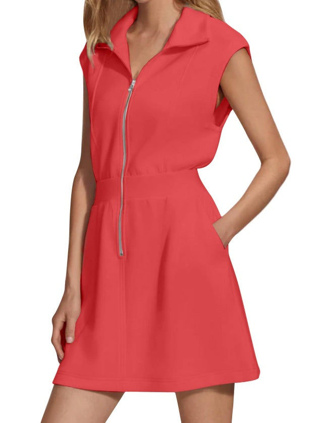 Women Casual Solid Color Sleeveless Dress with Lapel Zipper Pockets