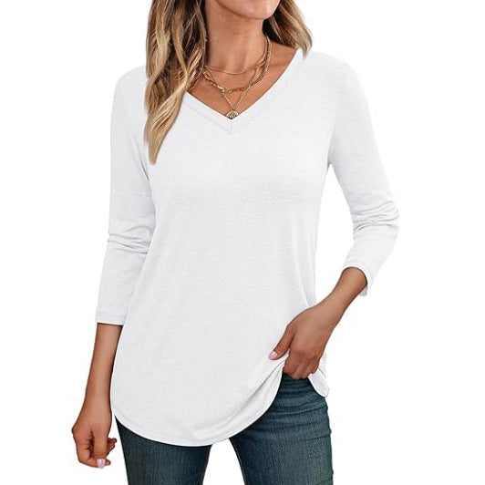 Women Casual Solid Color V-Neck Long Sleeve Blank T-Shirt