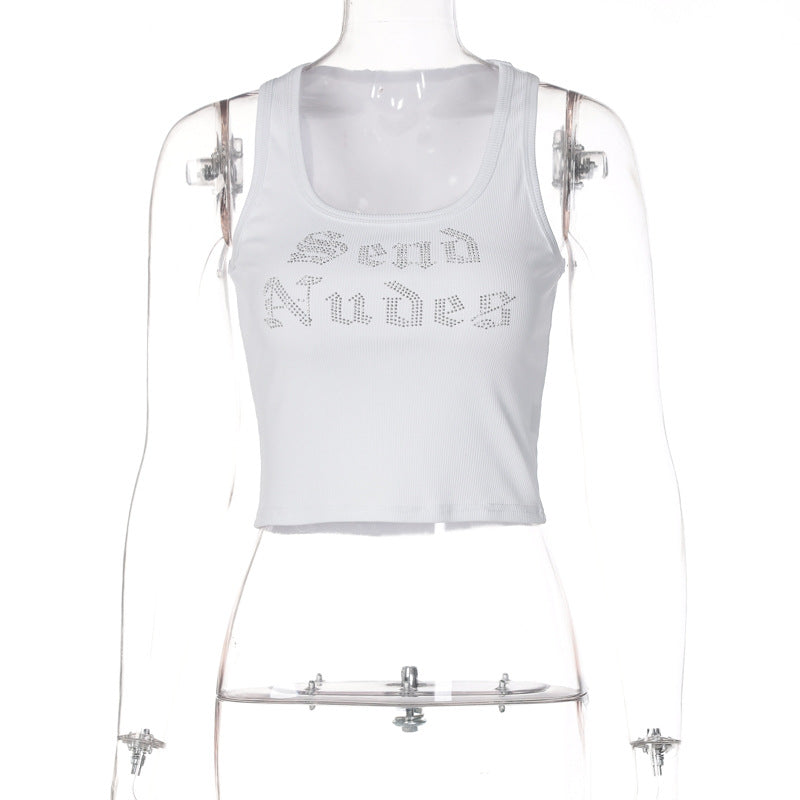 Women's Fashion Letter Rhinestone Sleeveless Cropped Top