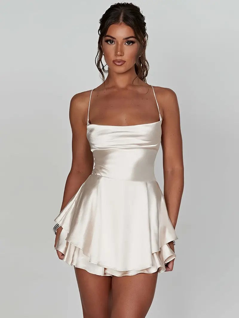 Women Fashion Sexy Solid Color Silk Sleeveless Backless Dress