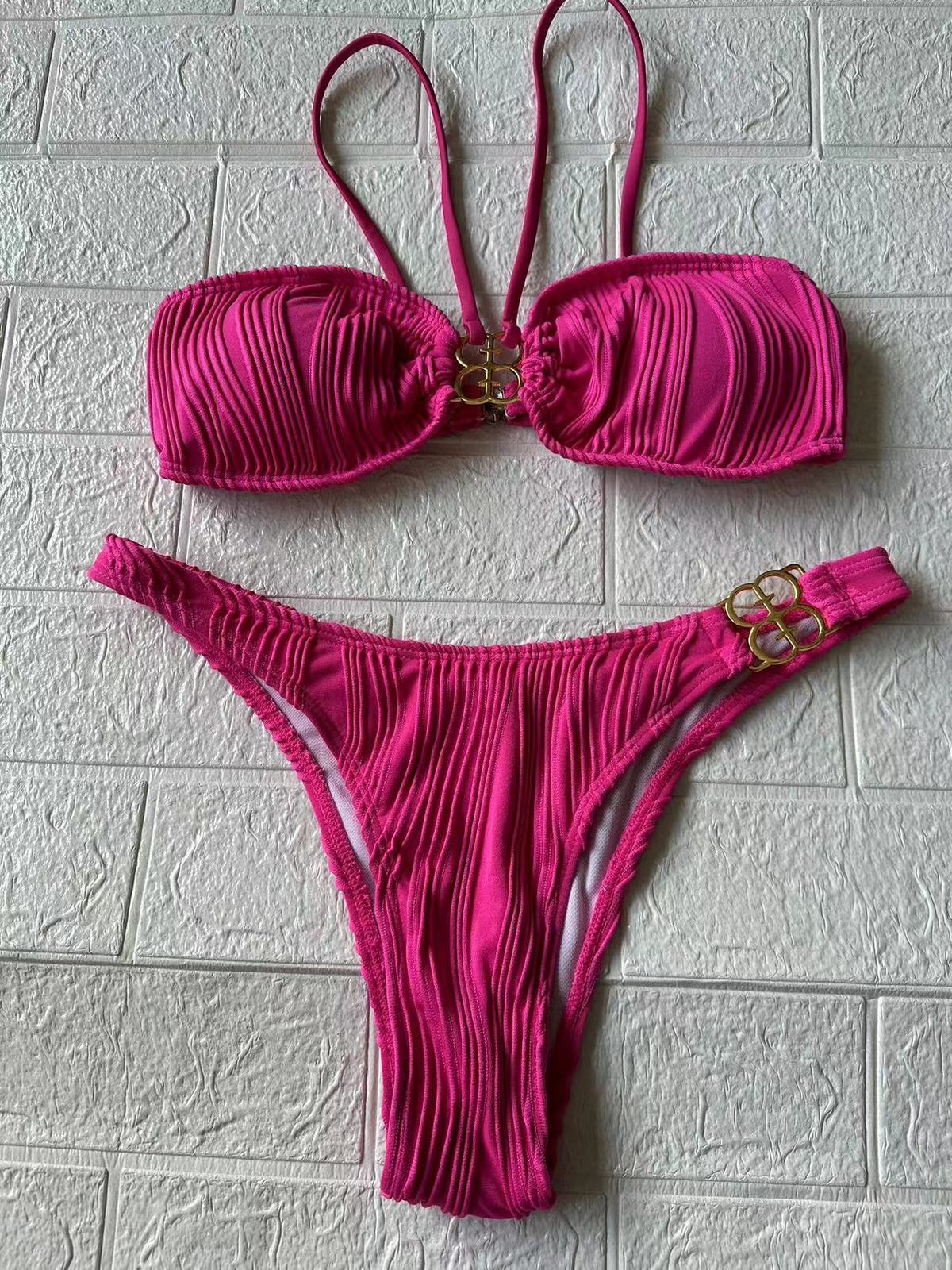 Bikini plisado de color sólido sexy de moda para mujer