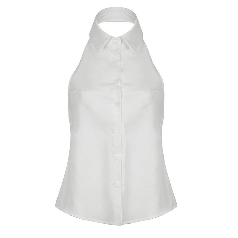Blusa sexy sin mangas con cuello halter de color liso a la moda para mujer