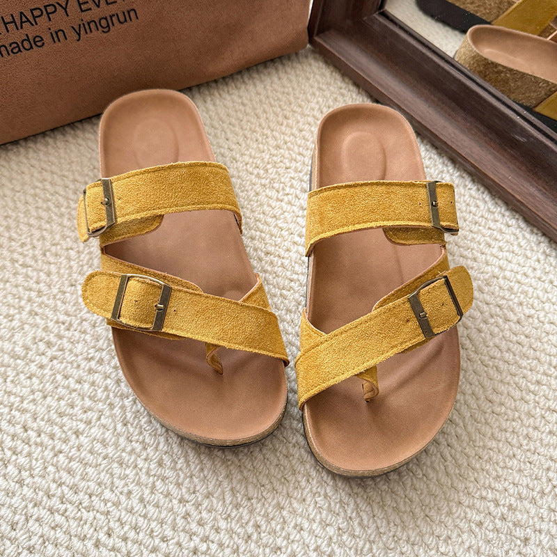 Women Summer Retro Cork Slippers With Suede Upper