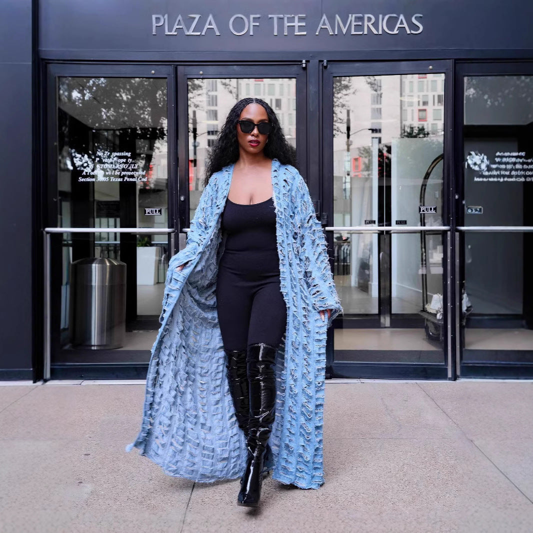 Women Fashion Casual Ripped Tassel Long Sleeve Denim Coat