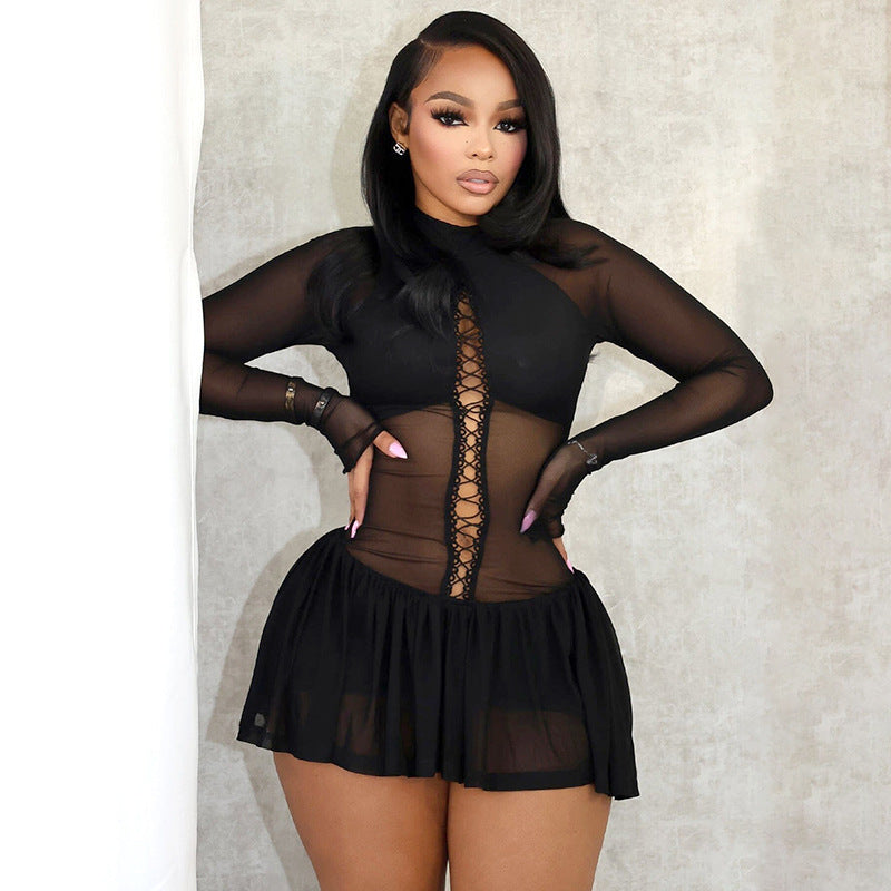 Women Fashion Sexy Solid Color Long Sleeve Dress