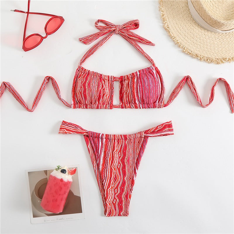 Women Sexy Multicolor Print Pleated Bikini