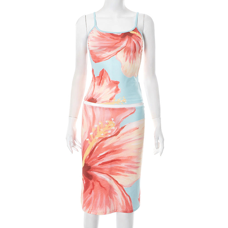 Women Floral Printed Sleeveless Two-Piece Skirt Set in Polyester and Spandex