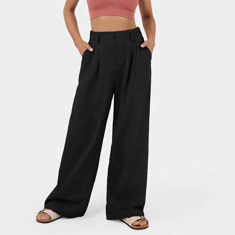 Pantalones casuales de algodón con cintura alta y pierna ancha para mujer