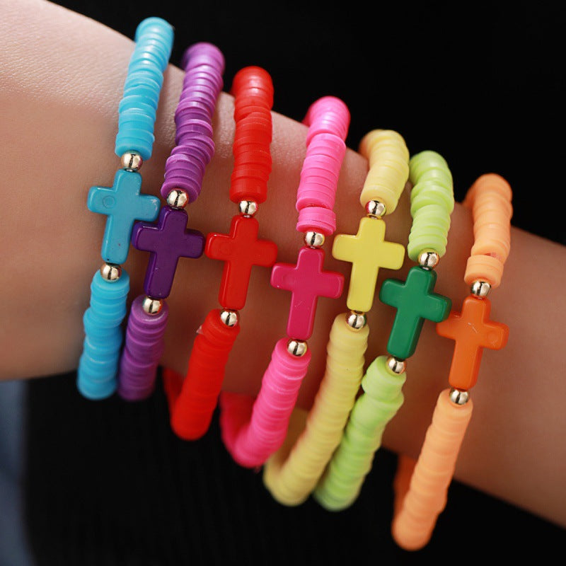 Conjunto de pulseras de cuentas de cerámica suave con cruz multicolor bohemia