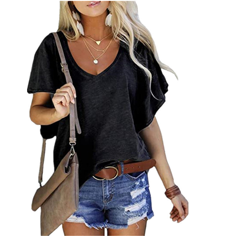 T-shirt basique à manches courtes et col en V pour femme, couleur unie, à volants