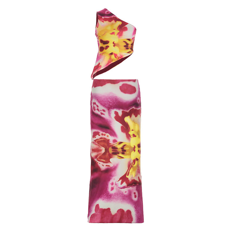 Conjunto de top y falda sin mangas con contraste de color y estampado floral