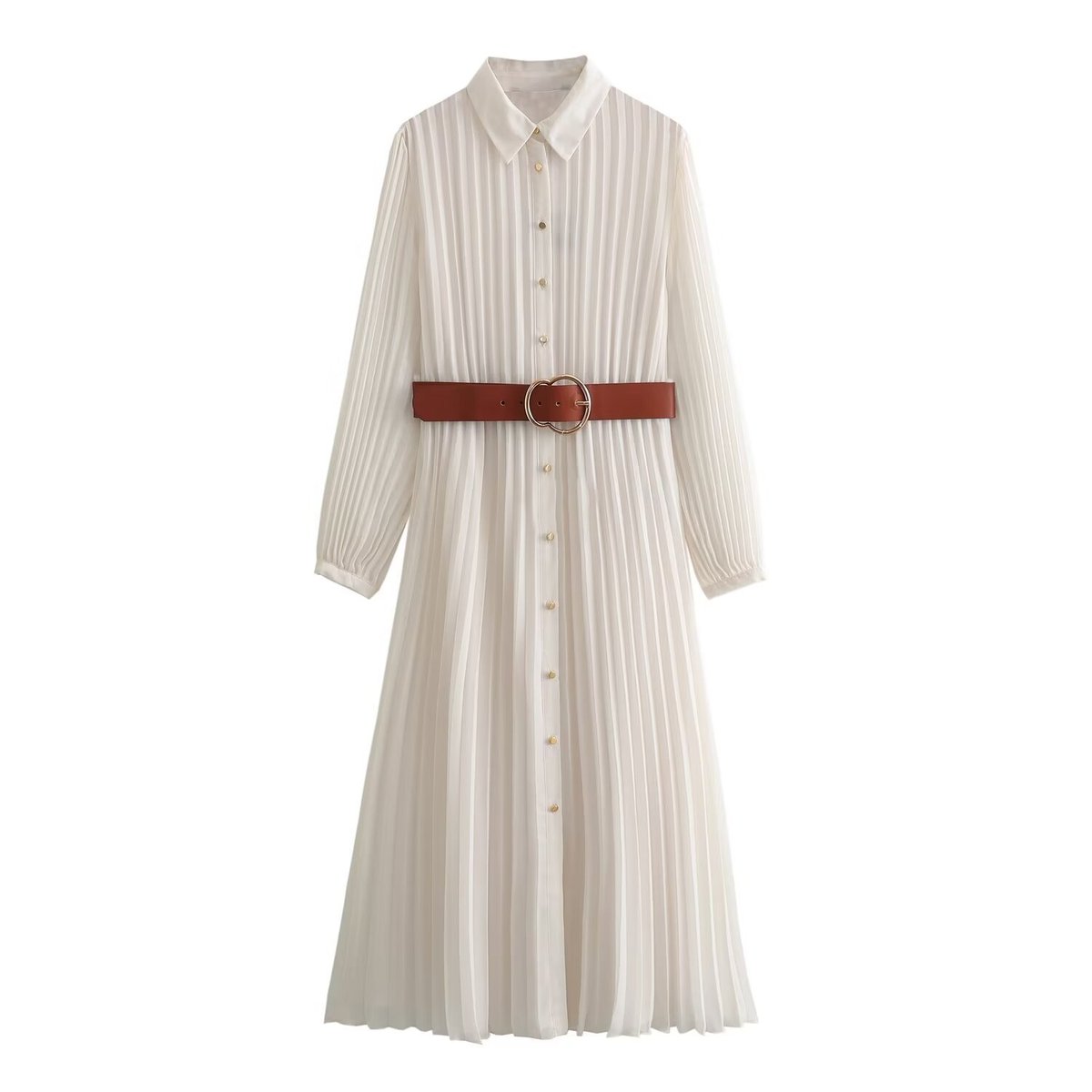 Vestido camisero plisado midi con cinturón de moda informal de verano para mujer