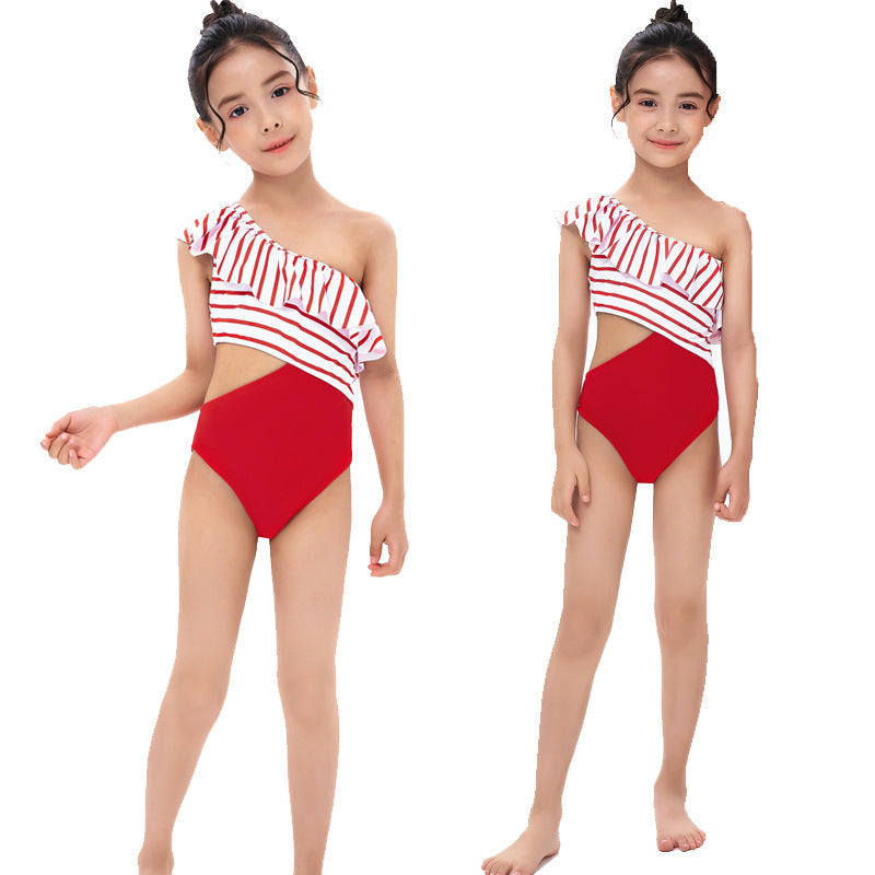 Maillot de bain une pièce imprimé mignon à volants et épaules inclinées pour filles