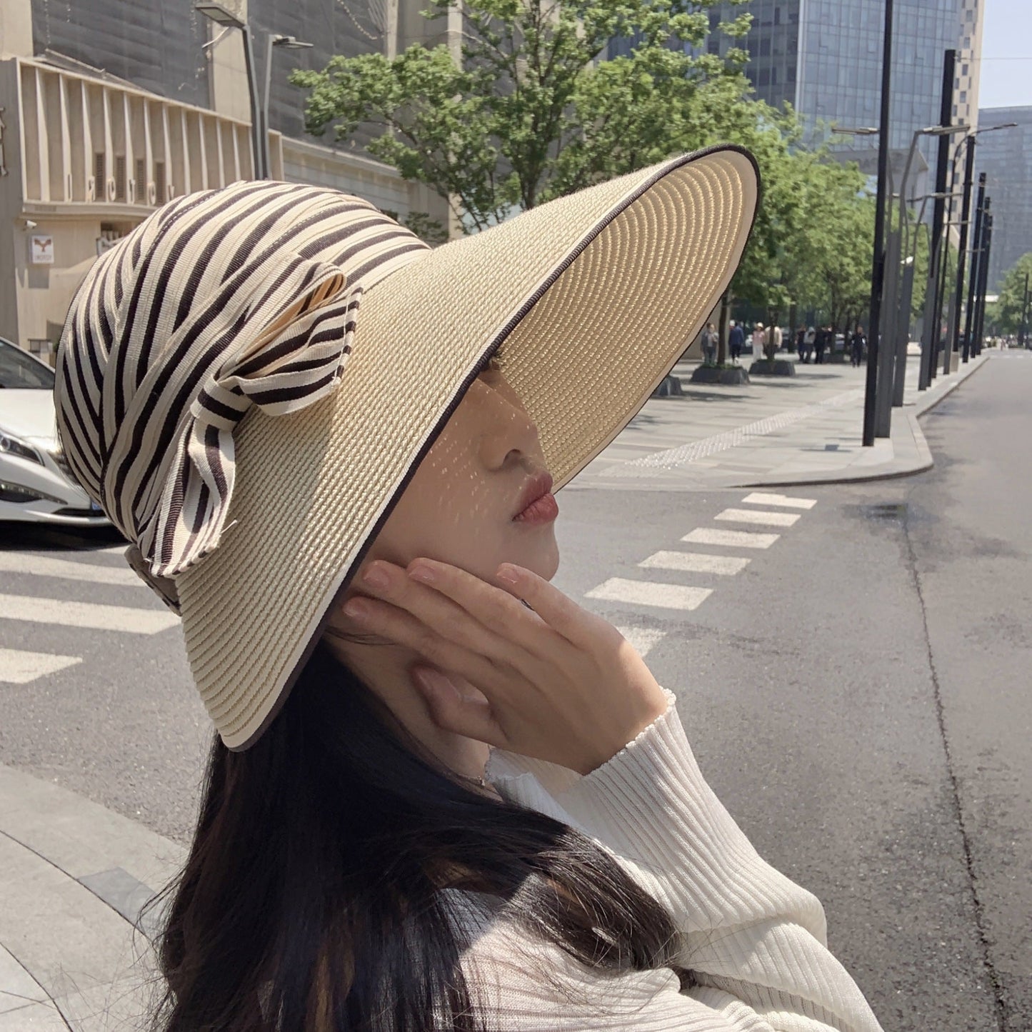 Sombrero de paja tejido con lazo a rayas para mujer, moda de verano