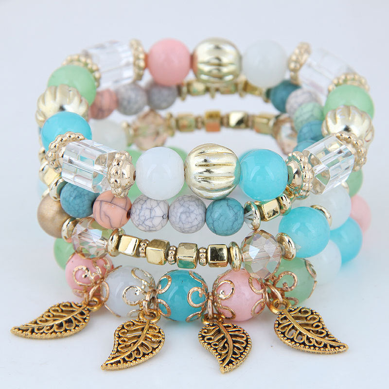 Bohemian Multi-Layered Crystal Tassel Leaf Bracelet
