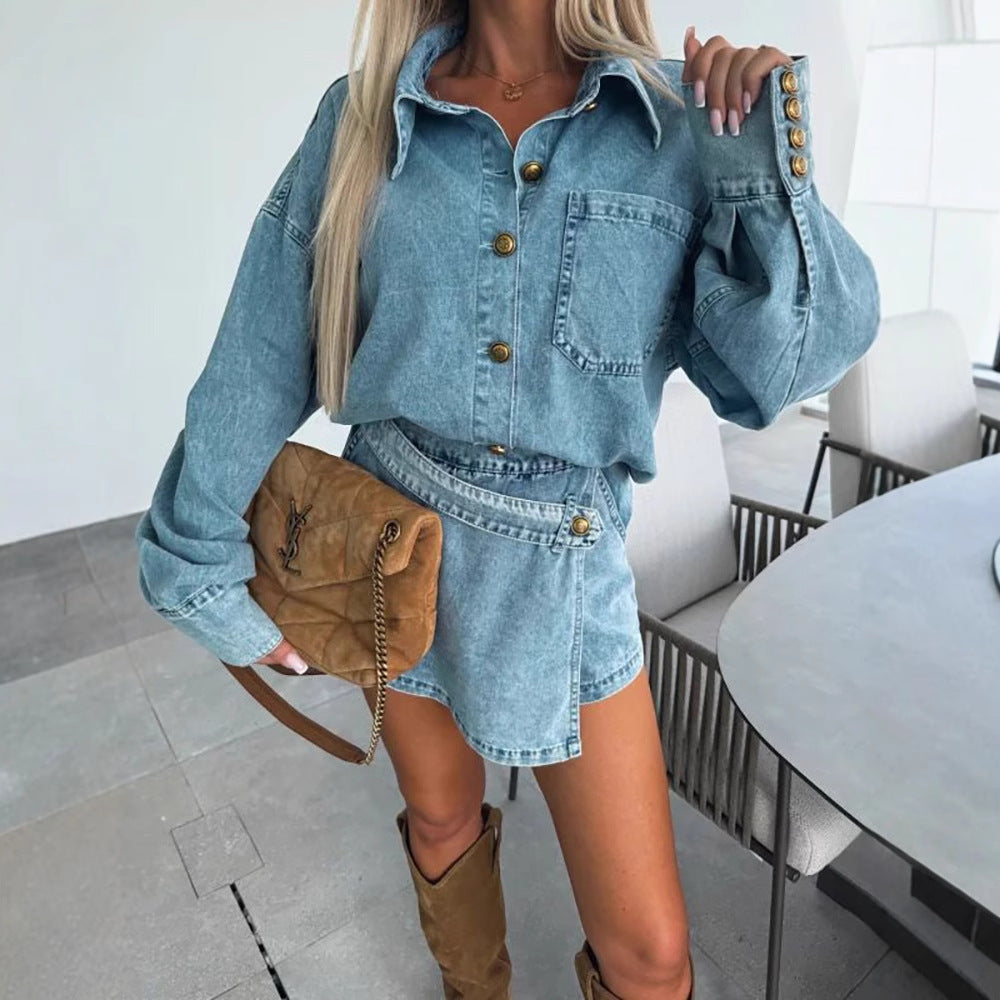 Women Casual Denim Coat and Irregular Skirt Two-Piece Set