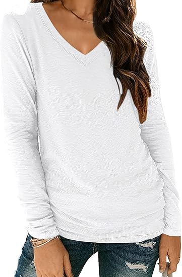 Women Fashion Casual Solid Color V-Neck Long Sleeve Blank T-Shirt